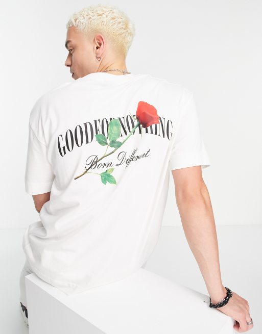 Good For Nothing oversized T-shirt in off white with chest and back rose  logo print