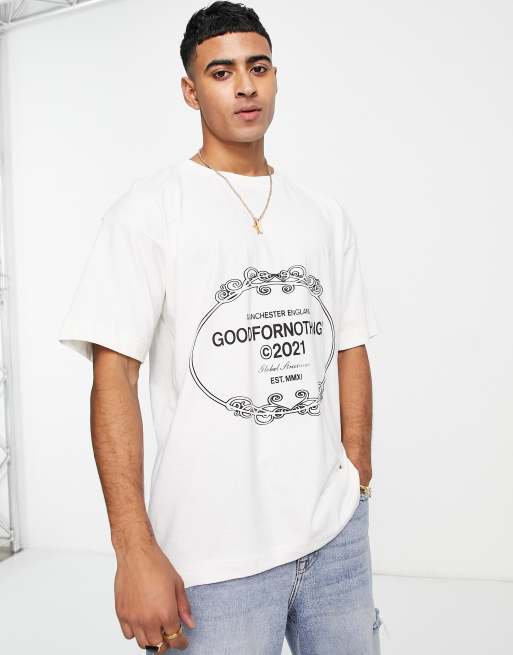 Good For Nothing oversized t-shirt in off white with crest logo print ...