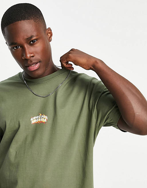 Good For Nothing oversized t-shirt in sage green with flame logo print