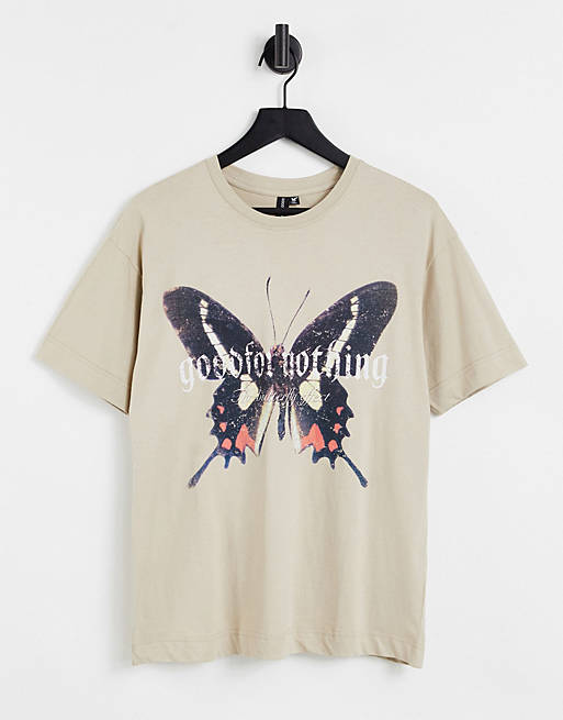 Good For Nothing oversized t-shirt in beige with butterfly print