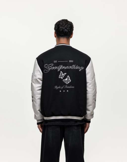 GOODENOUGH グッドイナフATHLETIC VARSITY JK XL Good For Nothing oversized varsity jacket in black | ASOS