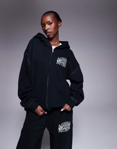 Good For Nothing Oversized zip through hoodie in black - view 1