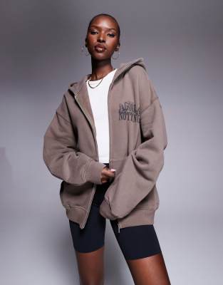 Good For Nothing Oversized zip through hoodie in taupe-Neutral