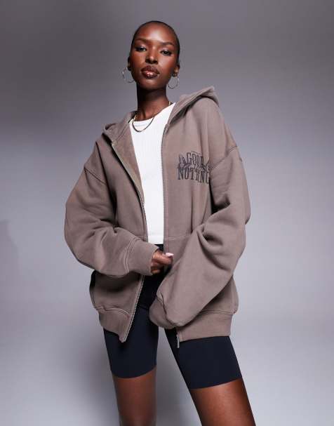 Good For Nothing Oversized zip through hoodie in taupe - view 1