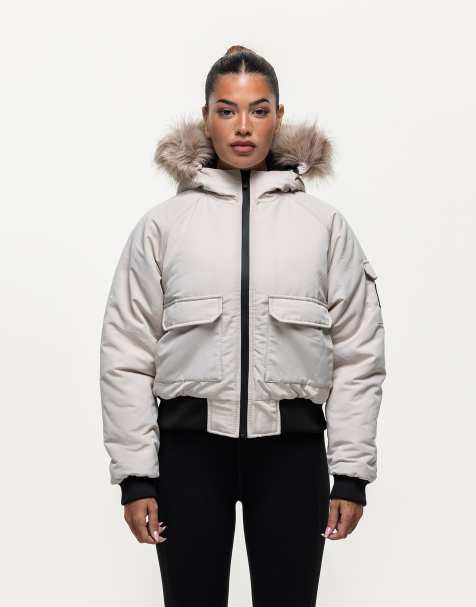 Good For Nothing Padded parka jacket with faux fur trim hood in stone - view 1