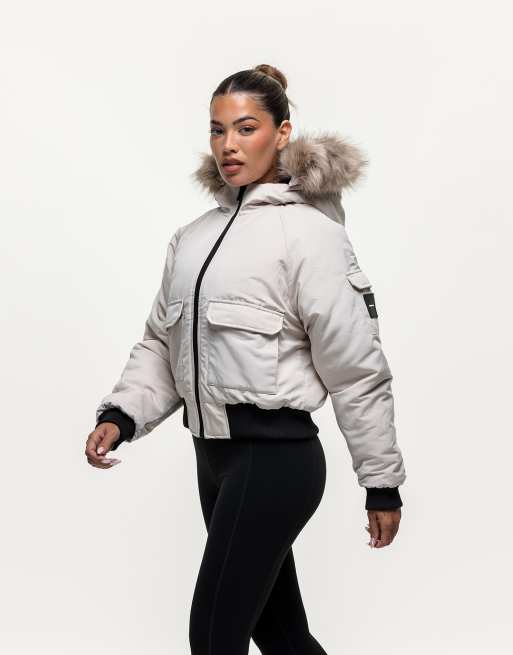 Good For Nothing Padded parka jacket with faux fur trim hood in stone, 4 of 4