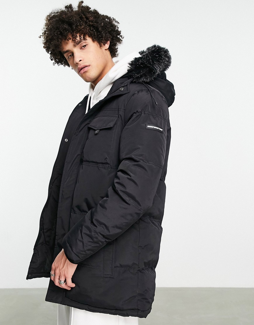 Good For Nothing parka jacket in black with faux fur hood