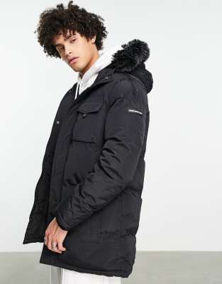 Good For Nothing parka jacket in black with fur hood