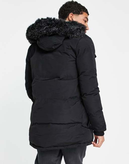 Good For Nothing parka jacket in black with fur hood