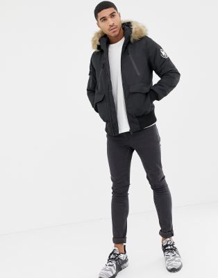 good for nothing bomber jacket in black with faux fur hood