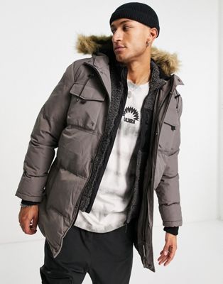 Good For Nothing parka jacket in taupe with fur hood
