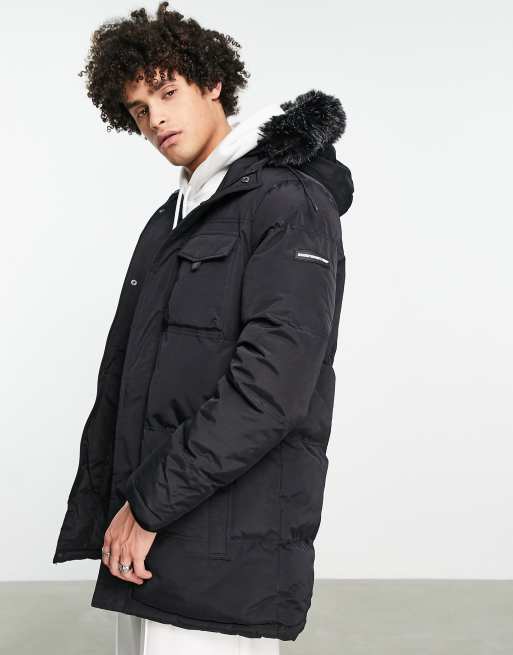 Good For Nothing – Parkajacke in Schwarz mit Kapuze aus Kunstpelz