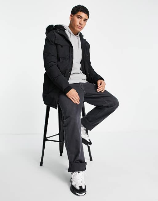 Good For Nothing – Parkajacke in Schwarz mit Kapuze aus Kunstpelz