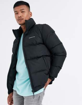 Hollister Reflective Logo Colourblock Hooded Puffer Jacket In Black