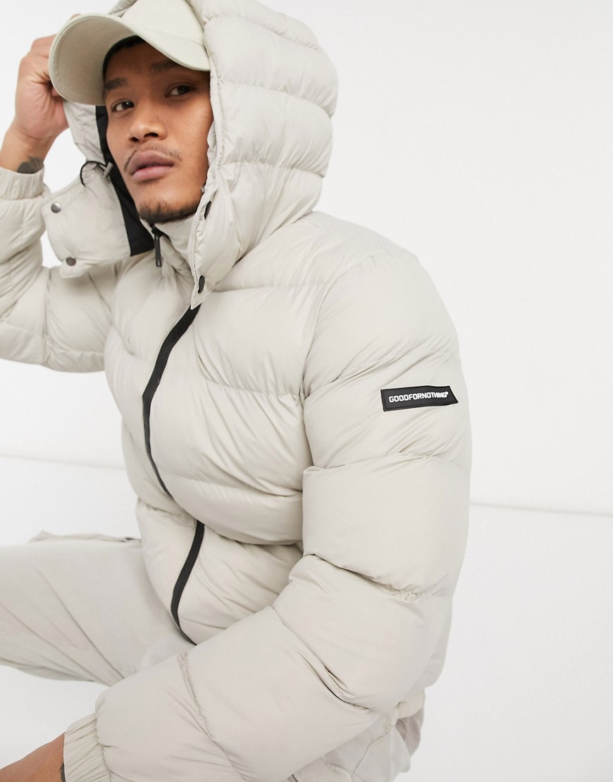 Good For Nothing Puffer Jacket With Hood In Stone-neutral