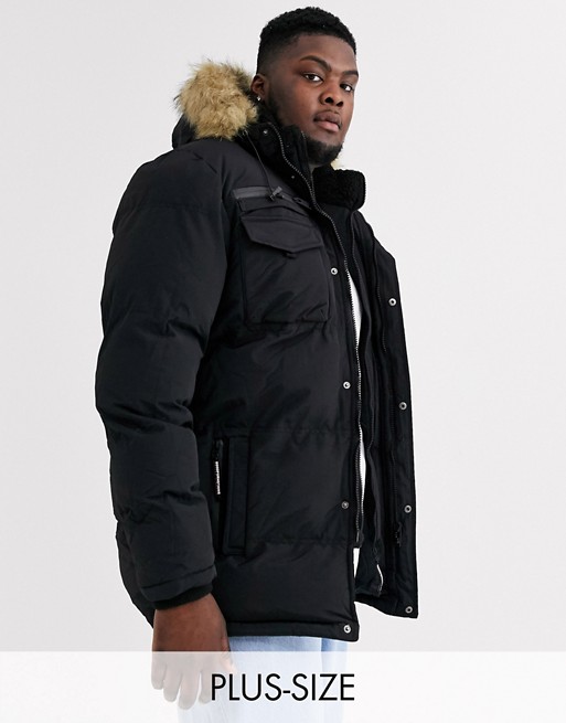 Good For Nothing puffer parka coat in black with faux fur hood