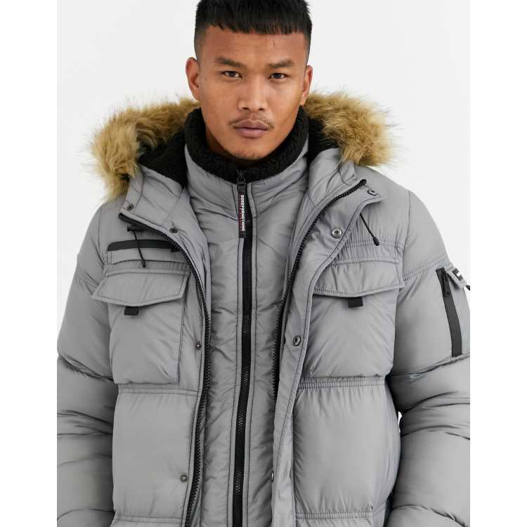 Good For Nothing puffer parka coat in grey with faux fur hood ASOS