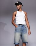 [Good For Nothing] Good For Nothing relaxed denim shorts in midwash blue with raw hem XS Mid wash blue