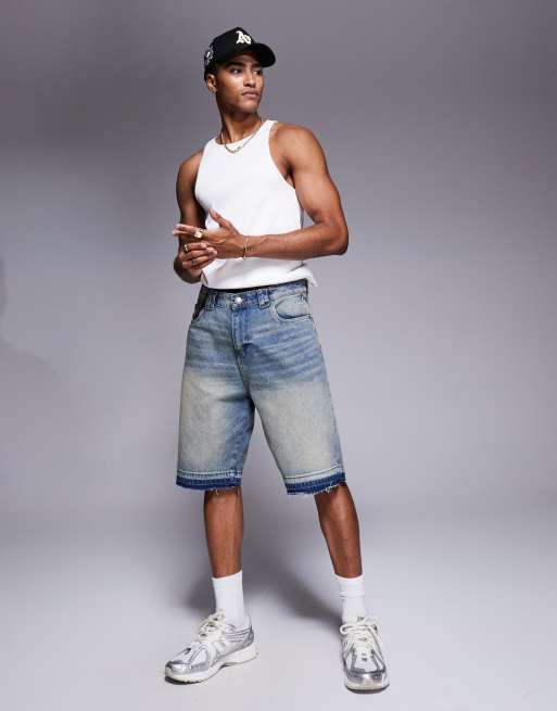 Good For Nothing relaxed denim shorts in midwash blue with raw hem