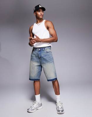 Good For Nothing relaxed denim shorts in midwash blue with raw hem