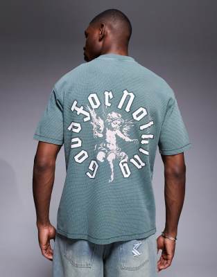 relaxed fit waffle t-shirt in khaki green with chest and back prints-Black
