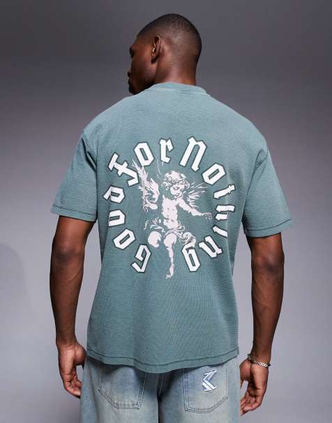 Good For Nothing relaxed fit waffle t-shirt in khaki with chest and back print - view 1