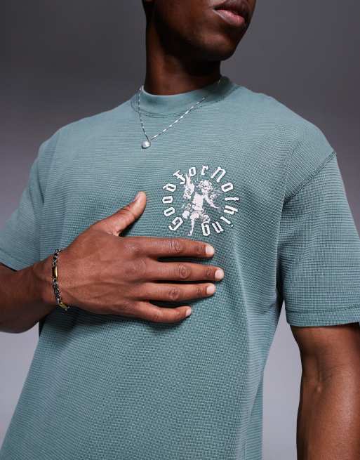 Good For Nothing relaxed fit waffle t-shirt in khaki with chest and back print, 3 of 4