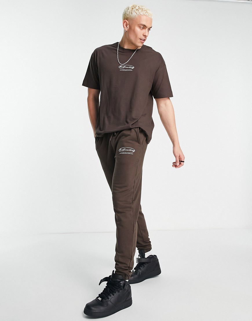 Good For Nothing Relaxed Jersey Sweatpants In Brown With Emblem Chest And Back Print - Part Of A Set