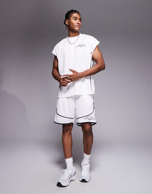 Good For Nothing resort mesh shorts co-ord in beige with black piping