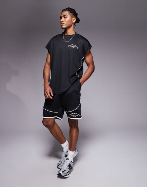 Good For Nothing resort mesh shorts in black with beige piping - part of a set - view 1