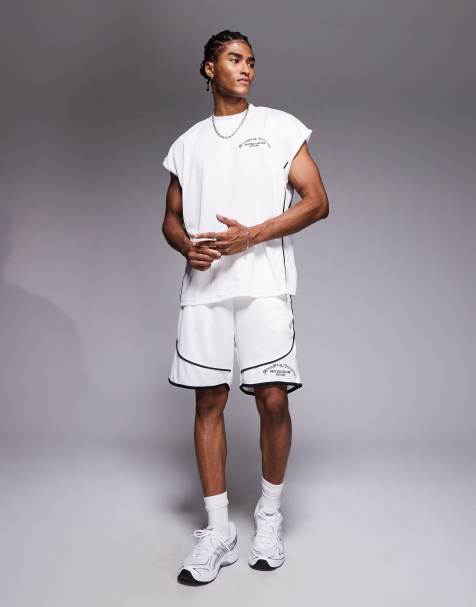 Good For Nothing resort mesh shorts set in beige with black piping - view 1