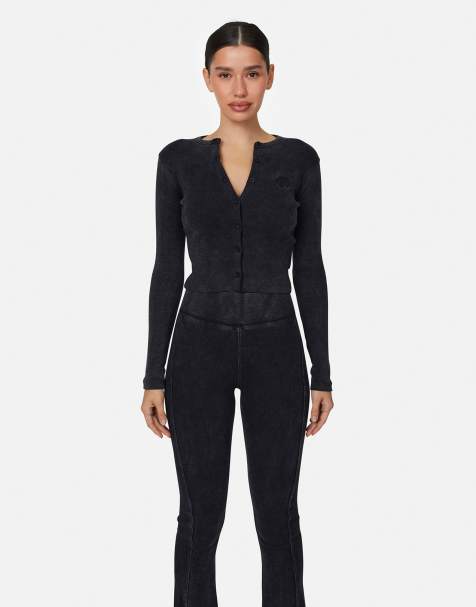 Good For Nothing Ribbed buttoned long sleeve tee in black