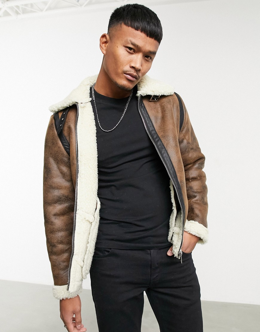 Good For Nothing shearling bomber jacket in brown