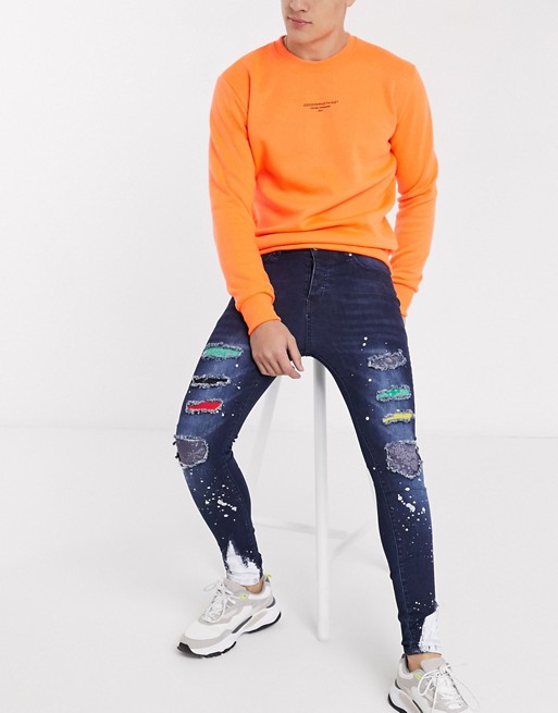 Good For Nothing skinny jeans in dark blue with patchwork and paintsplats