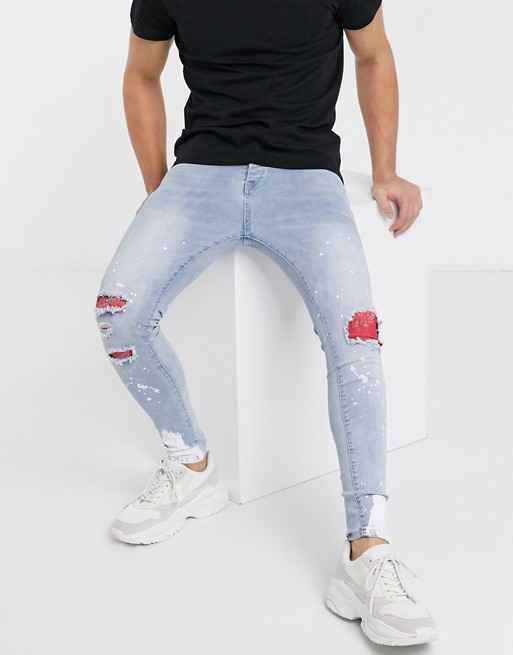Good For Nothing skinny jeans in light blue with distressing and patches