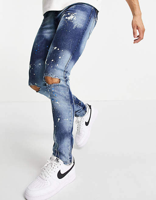 Good For Nothing skinny jeans in vintage blue with knee rips and paint splatter