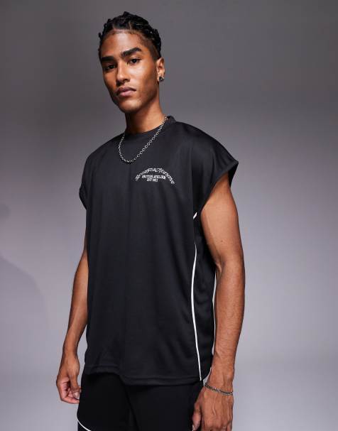 Good For Nothing sleeveless mesh t-shirt in black with beige piping (Part of a set) - view 1