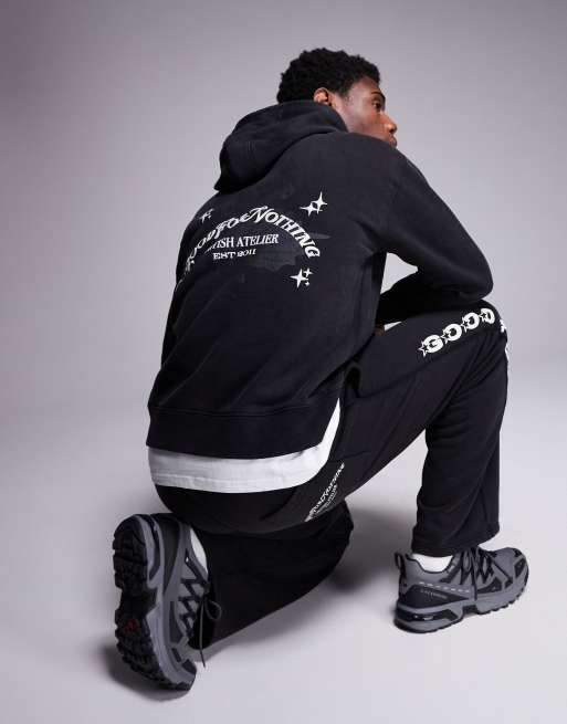 Good For Nothing - Space-dye hoodie met print op de mouwen en achterkant in zwart met wassing, deel van co-ord set 