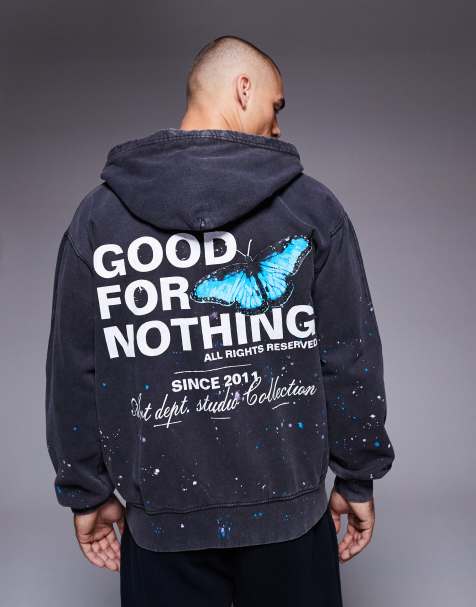 Good For Nothing Splatter detail  zip through hoodie in black - view 1
