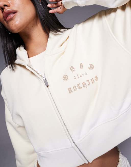 Good For Nothing Spray effect cropped zip through hoodie in cream, 3 of 4