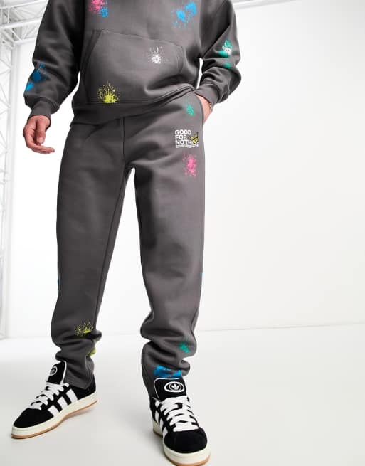 Good For Nothing straight leg trackies in grey with paint splatter