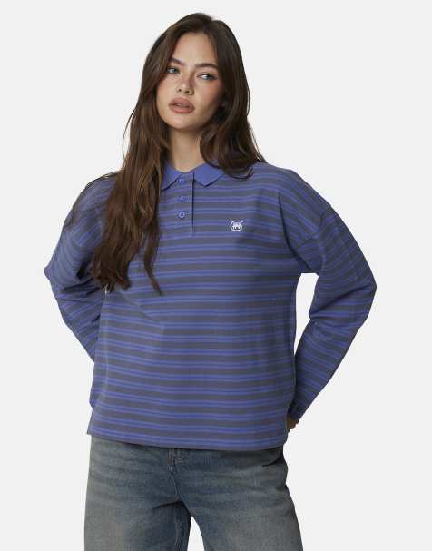 Good For Nothing Striped monogram long sleeve polo in blue - view 1