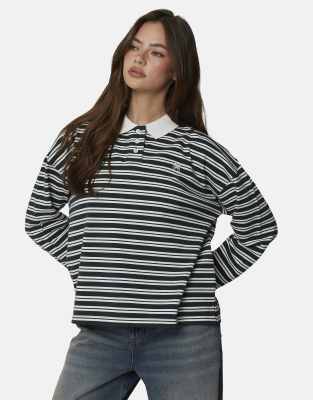 Good For Nothing Striped monogram long sleeve polo in green