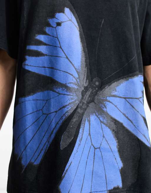 Good For Nothing – Svart, stentvättad t-shirt i oversize med stort fjärilstryck, 2 av 4