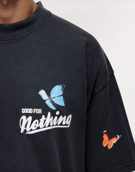 Good For Nothing – Svarttvättad t-shirt med fjärilstryck, 3 av 4
