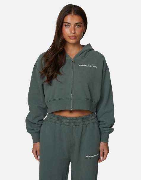Good For Nothing - Sweat à capuche court zippé à délavage vintage - Vert - view 1