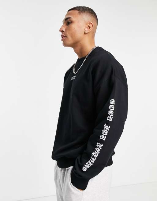 Good For Nothing Sweatshirt In Black With Chest And Arm Logo Print Faoswalim