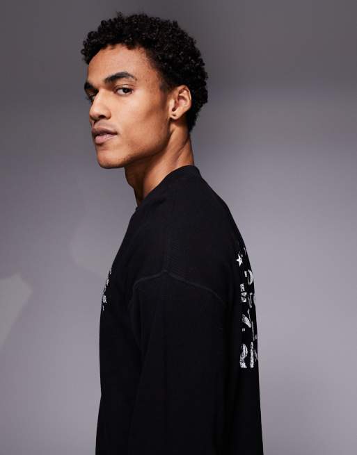Good For Nothing - T-shirt a maniche lunghe nera a nido d'ape con stampa sul retro, 4 di 5