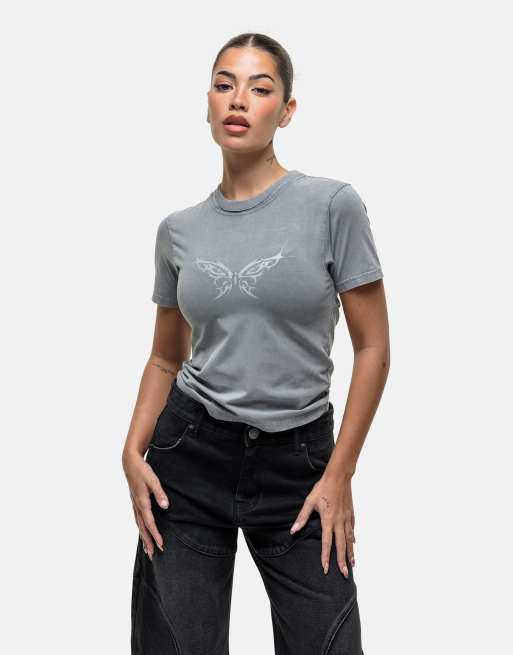 Good For Nothing - T-shirt effet rétréci avec imprimé papillon style grunge - Gris délavé