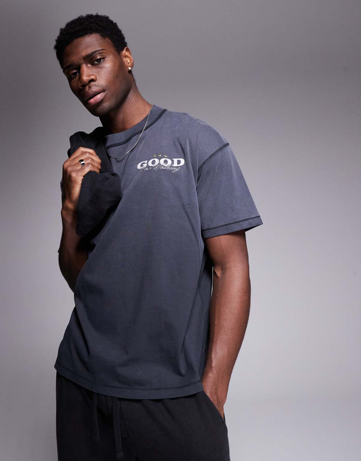 Good For Nothing t-shirt in overdye spray with back print in grey
